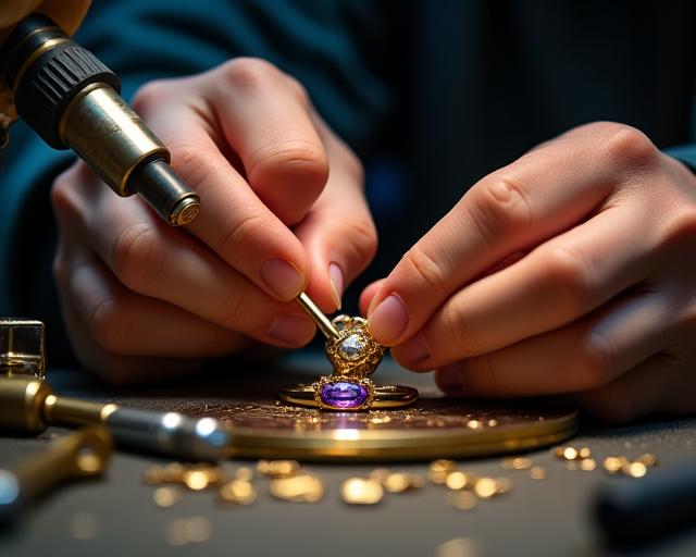 職人による精緻な金属加工と宝石セッティングの様子